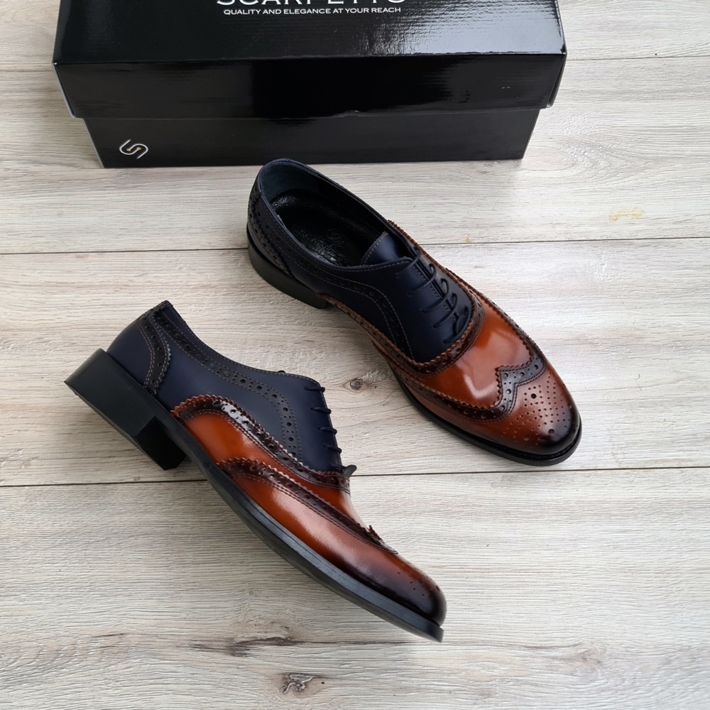 Brown-Navy Wingtip Genuine Leather Oxford Men's Dress Shoes - Picture 6 of 6